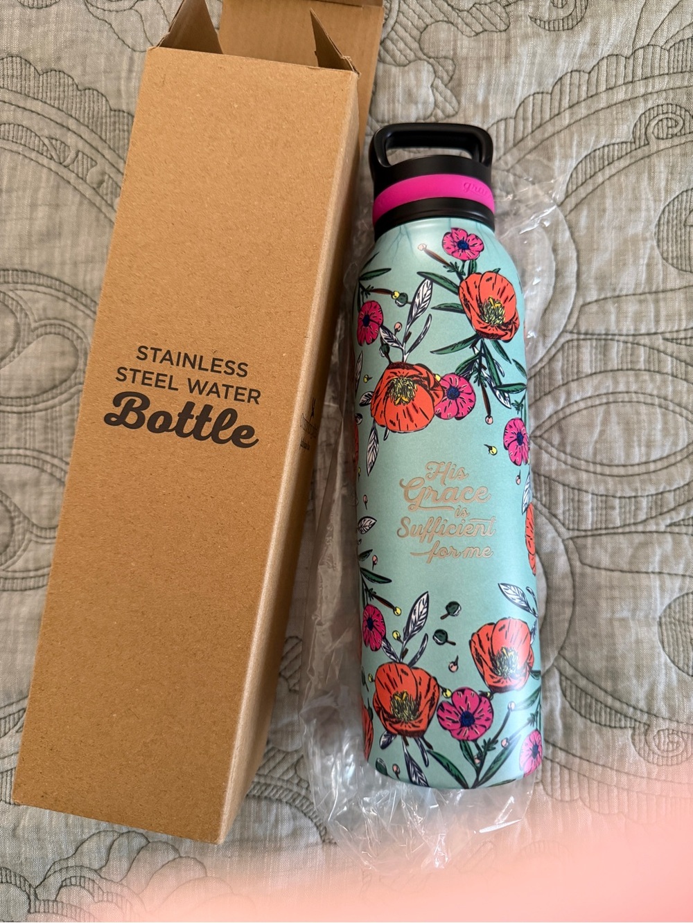 Floral Stainless Steel Water Bottle - Mint with Pink Flowers NWT